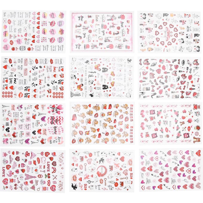 12 Vellen Valentijnsdag Nagellak Stickers Rode Lippen Hartvorm Nageldecal Decoratie white