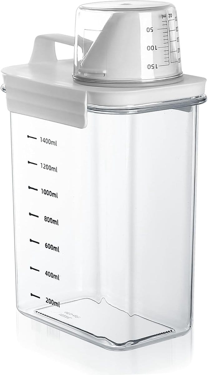 Famanu – Luchtdichte wasmiddeldispenser met maatbeker van 1800 ml, waspoeder opbergdoos, waspoederdispenser, waspoederkan, wasmiddeldoos, opbergcontainer voor wasmiddel, voercontainer