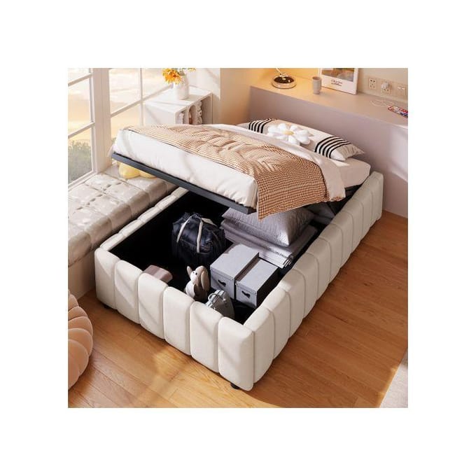 Bed - MUVOE - 90x200cm - Beige - Hydraulische ondersteuning - Minimalistisch design beige