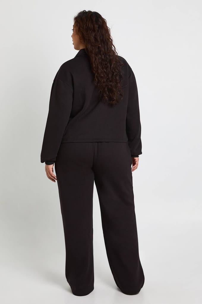boohoo Dames Plus Button Down wijde pijp joggers | Black | Maat: 20