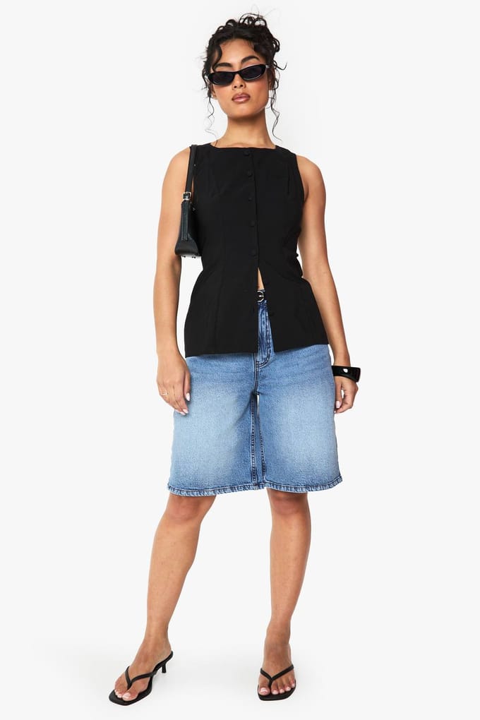 boohoo Dames Bengaline Button Through Longline Weste | Black | Maat: 6