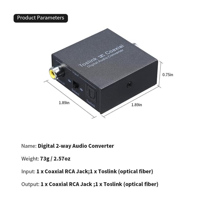 Digitaler 2-Wege-Audiokonverter Optischer SPDIF-Toslink voor Koaxial- en EU plug