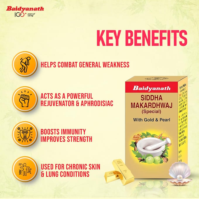 Baidyanath Siddha Makardhwaj Speciaal 10 Tabletten , Vitaliteit, en Algemene Zwakte Verjonging