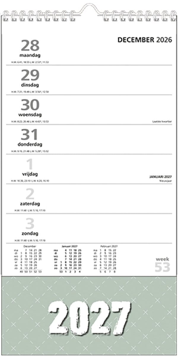 MGPcards - XL Minikalender 2027 - Week begint op maandag - 16 x 30 cm - Groen