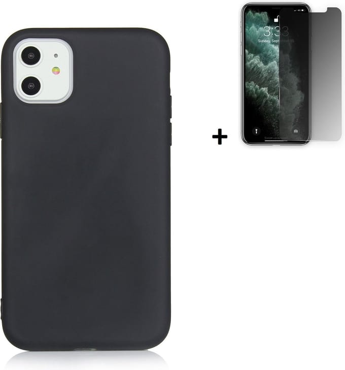 Hoesje Geschikt voor iPhone 11 - Screenprotector iPhone 11 - Siliconen - iPhone 11 Hoes Zwart Case + Privacy Tempered Glass