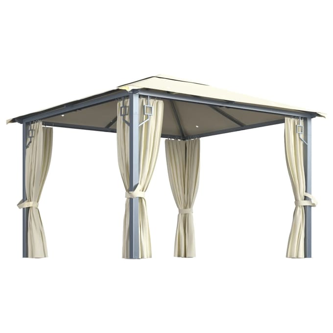vidaXL - Prieel - met - gordijn - en - LED-lichtslinger - 3x3 - m - aluminium - crème