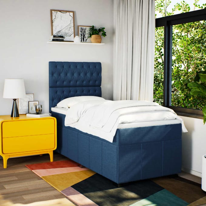 vidaXL - Boxspring - met - matras - stof - blauw - 100x200 - cm