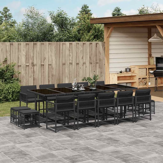 vidaXL - 15-delige - Tuinset - met - kussens - poly - rattan - zwart