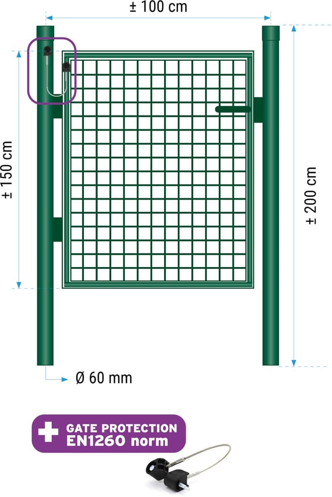 Enkele poort 150 cm (hoogte) 100cm (lengte) RAL 6005 groen