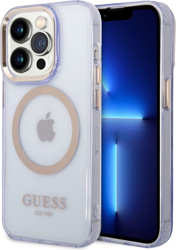 Guess iPhone 14 Pro Max Hardcase Backcover - Gold Buttons & Camera - Magsafe Compatible - Doorzichtig - Paars