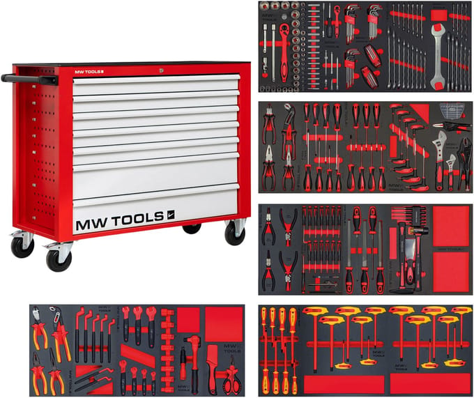 Gevulde brede gereedschapswagen EV STARTER 265-delig MW Tools MWE299G3