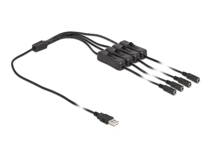 USB-A - 4x DC plug splitter | 5,5 x 2,1mm | max. 5V/3A (15W) | schakelaars | zwart | 1 meter