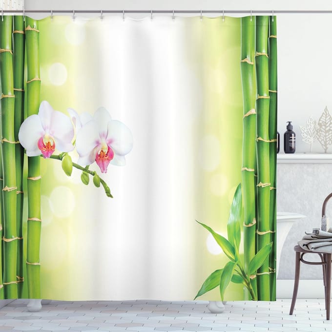 ABAKUHAUS Spa Duschvorhang – Orchideen Bambus – Grün/Weiß – 175x240