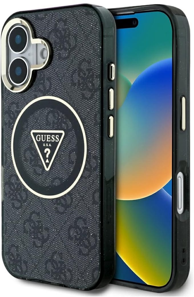 MagSafe hoesje voor Apple iPhone 16, Guess, IML Glitter 4G Circle Triangle, Zwart