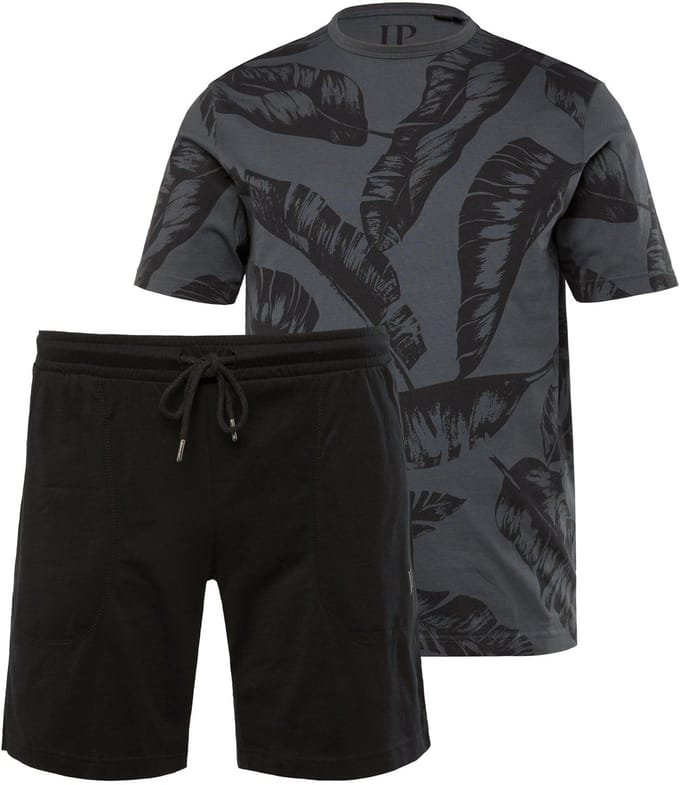 JP 1880 - Heren - Pyjama thuispak all-overprint shirt shorts - Blauwgrijs - Maat L