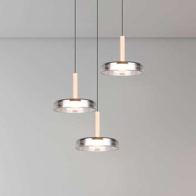 Trio Lighting LED hanglamp Celeste, chroom/hout, Ø 35 cm 3-lamps glas dimbaar