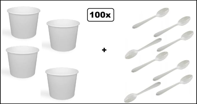 100x Soepbeker wit karton 250ml en 100x herbruikbare lepels wit - Soep salade beker festival warme dranken maaltijd carnaval