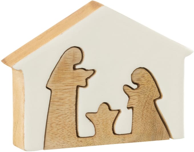 J-Line decoratie Kerststal Huis - hout - wit/naturel - small