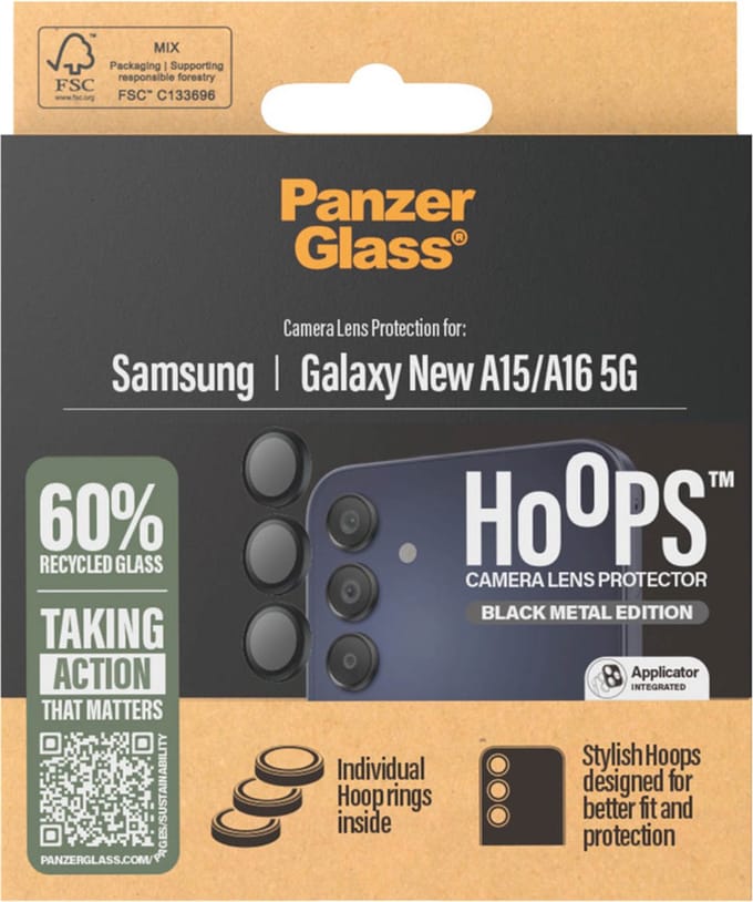 PanzerGlass Screenprotector geschikt voor Samsung Galaxy A16 Glazen | PanzerGlass Hoops Camera Lens Protector - Case Friendly - Zwart