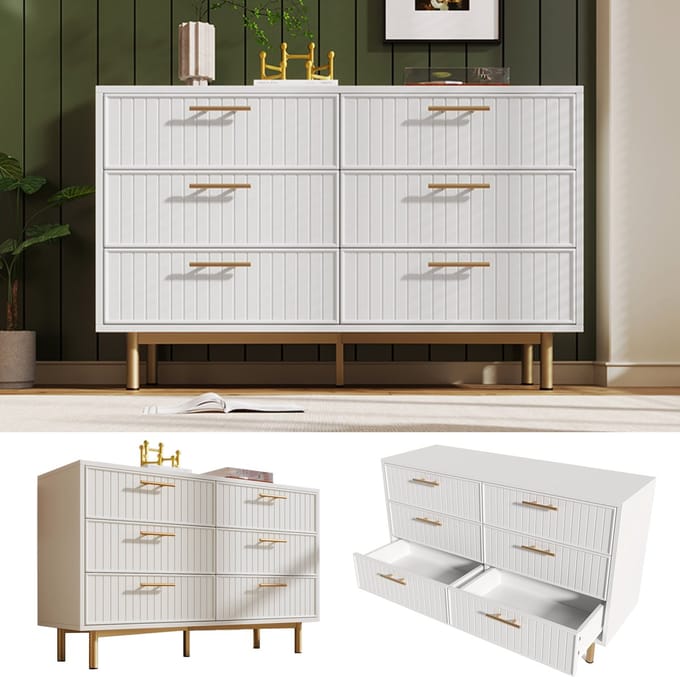 Kommode - 120x40x75 cm - 6 laden & geribbelde fronten - goudkleurige handgrepen - metalen sokkel