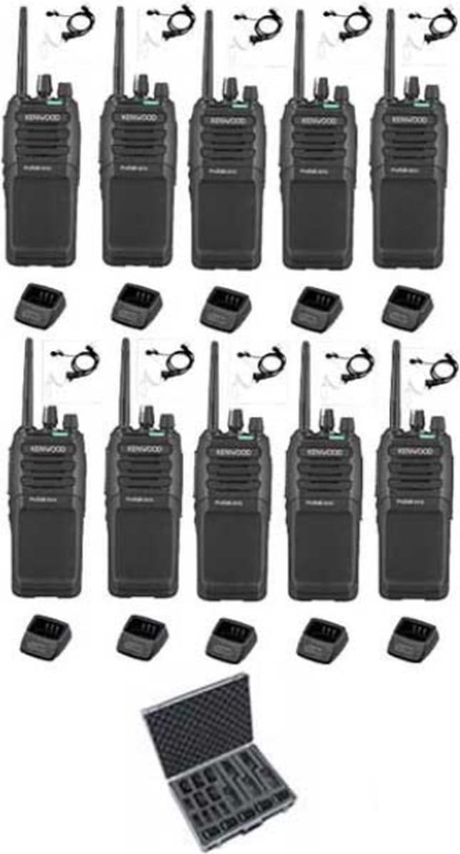 Set van 10 Kenwood TK-3701D met beveiliging oortje, koffer en tafelladers