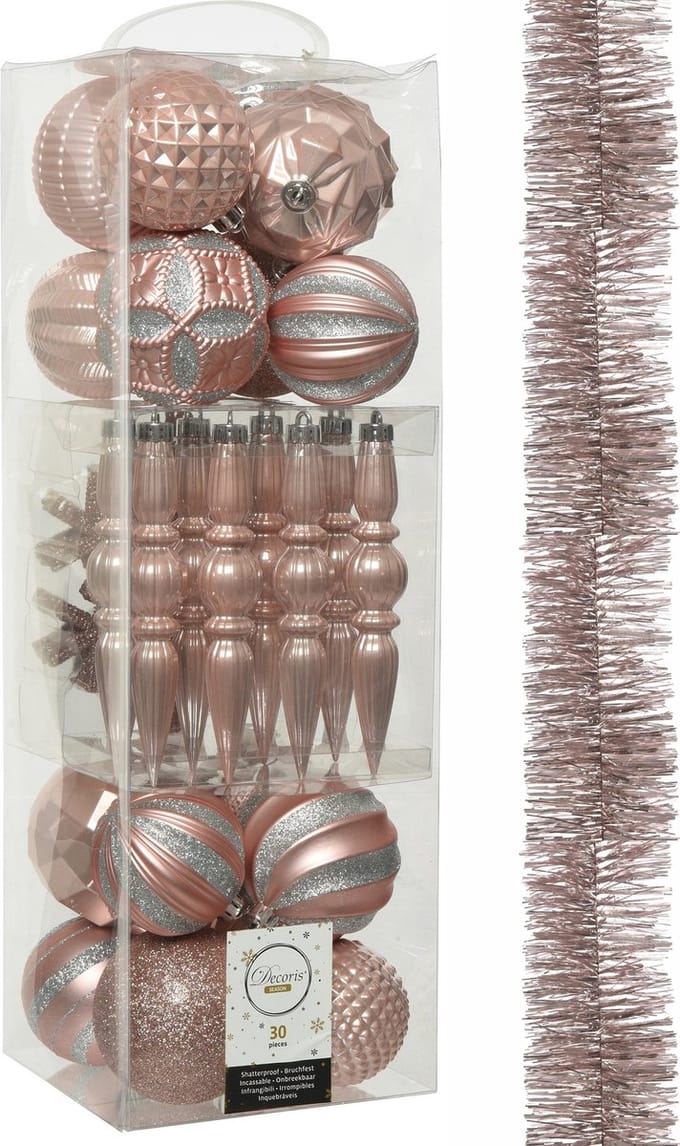 Decoris - kerstballen en slinger - 31x st - lichtroze kunststof