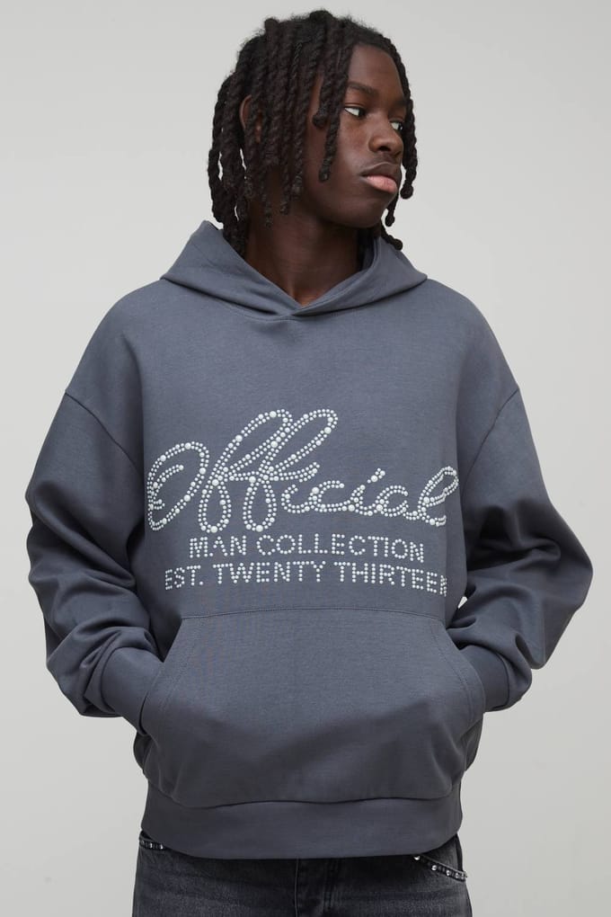 Oversized boxy hoodie met nep-parelversieringen in interlock | Charcoal | Size Medium