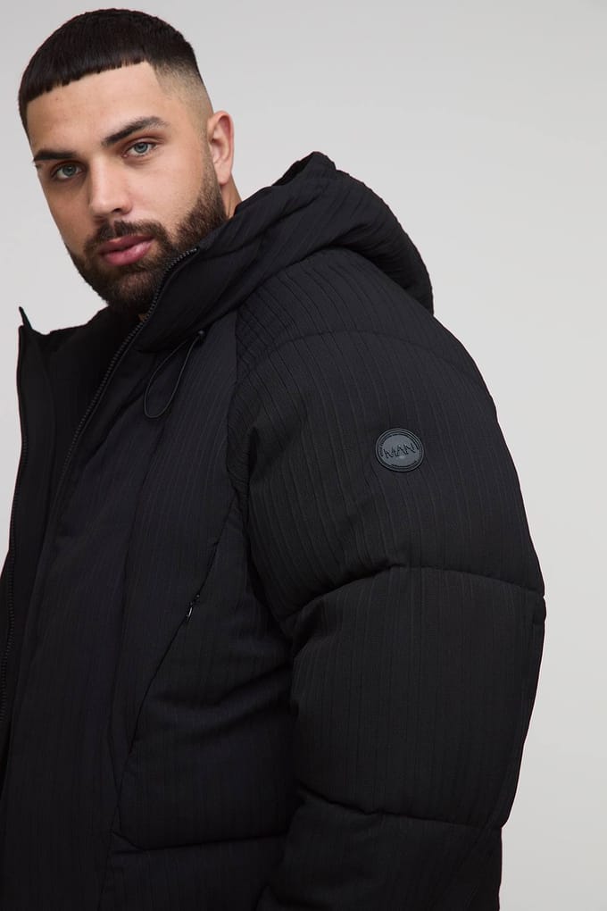 Plus Regular Fit Textured Curved Panel Puffer Jacket | Black | Size 2XL