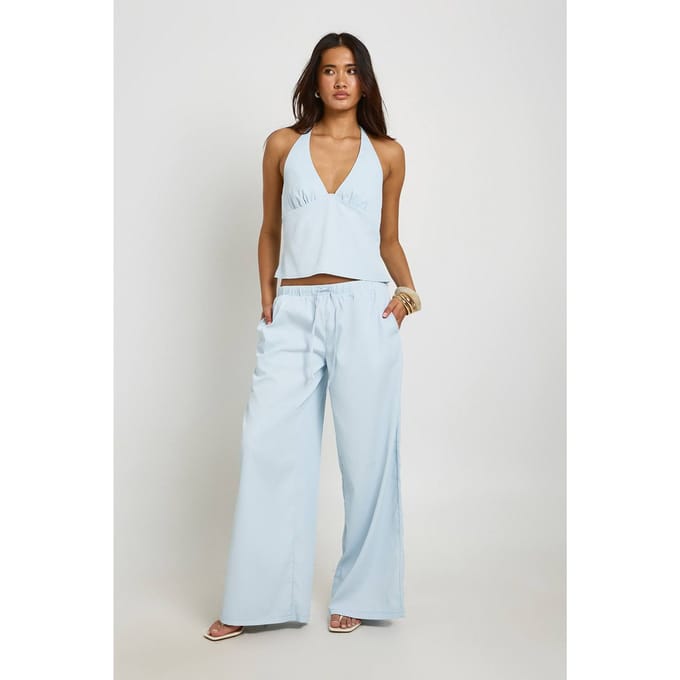 boohoo Dames Gestructureerde Geweven Haltertop En Wijde Broek Set | ijsblauw | Maat: 40