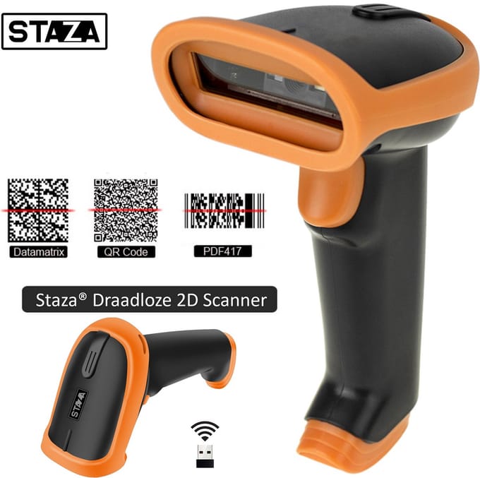 Staza® Barcode Scanner - Draadloos - Handscanner voor 1D Barcodes & 2D QR Codes | Plug & Play | Scannen van Papier en van Beeldscherm