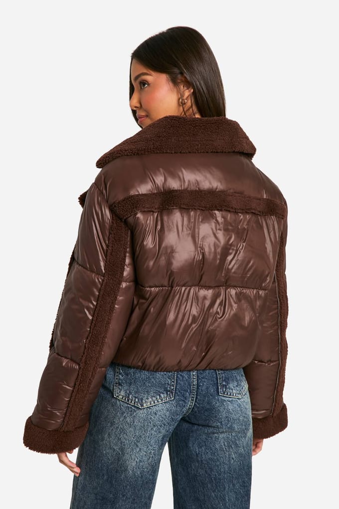boohoo Dames Panelled Puffer Aviator | Chocolate | Maat: 8