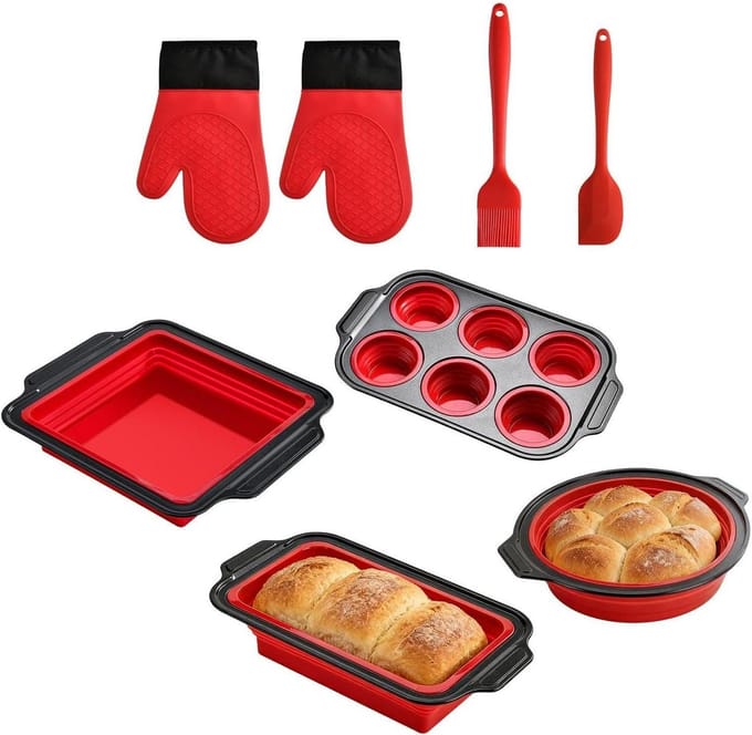 Siliconen Bakset - Flexibele Mal - Bakken Thuis - Inclusief Accessoires - 8 Delig - Rood