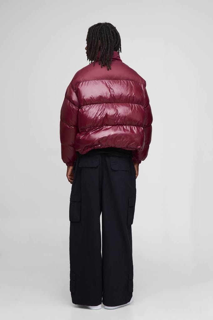 Boxy pasvorm Hoogglans Nylon Mix trechterkraag pufferjas | Burgundy | Size Medium