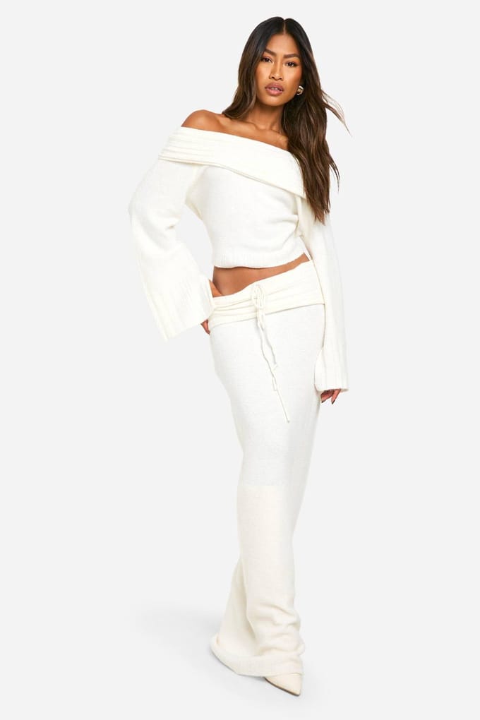 boohoo Dames Rib Edge Soft Knit Bardot Trui | Ecru | Maat: Large