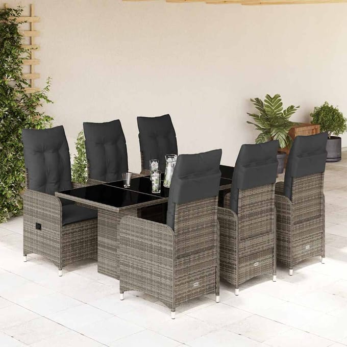 vidaXL - 7-delige - Bistroset - met - kussens - poly - rattan - grijs