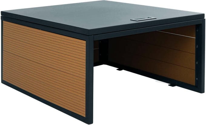 Robotmaaier garage met deksel MCW-L45, overkapping voor grasmaaier, WPC metaal 35x60x70cm ~ eiken look