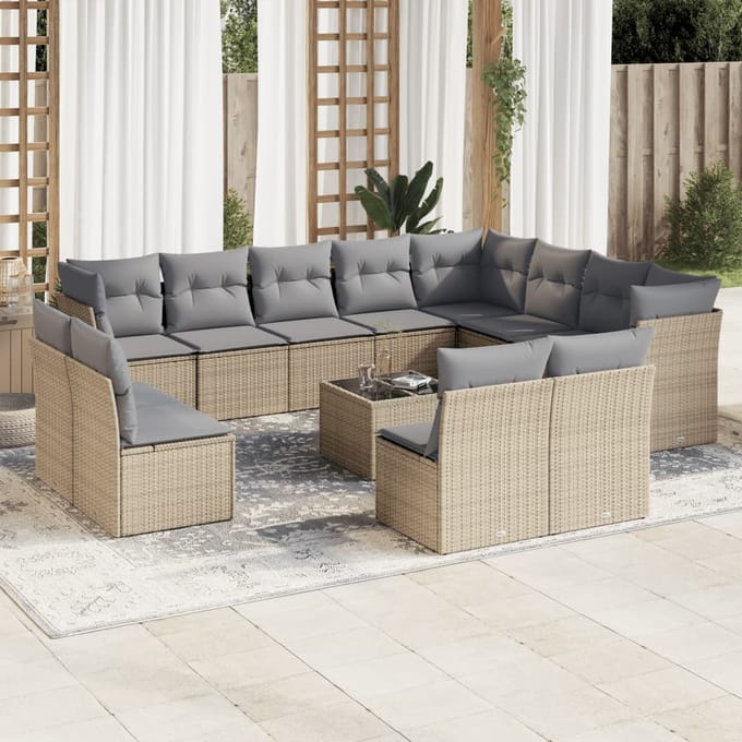 vidaXL - 13-delige - Loungeset - met - kussens - poly - rattan - beige