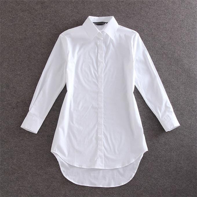 Plus Size Dames Blouse Shirt Lange Mouw Wit Effen Losse Lange Versie Casual Top M wit
