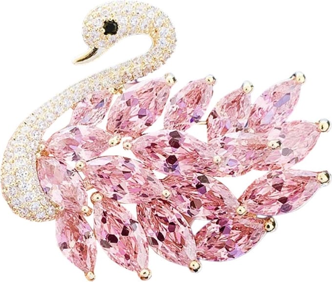 Fako Bijoux® - Broche - Zwaan - Strass - 43x39mm - Goudkleurig - Roze