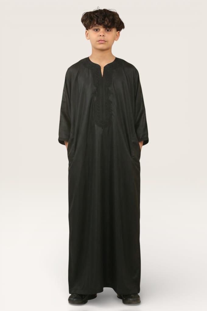 Kinderen jongens zwarte Marokkaanse Thobe gewaad Djellaba Gandoura Eid Jubba-LFS-K-GG008