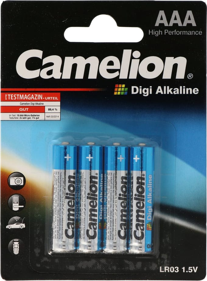 Digi Alkaline LR03 Micro AAA in een pakket van 4, capaciteit max. 1250 mAh tot 0,8 V bij 25 mA continue belasting