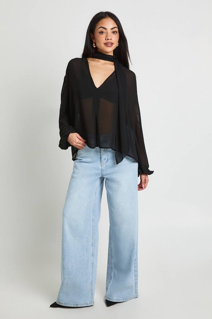 boohoo Dames Chiffon Sjaal Volume Mouw Blouse | Zwart | Maat: 36