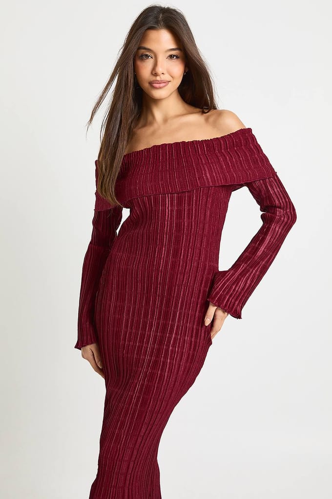 boohoo Dames Getextureerde Bardot Maxi-jurk | Wijn | Maat: 38