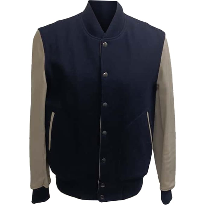 Bomberjack van Mr. P. Melton in marineblauwe wol en leer.