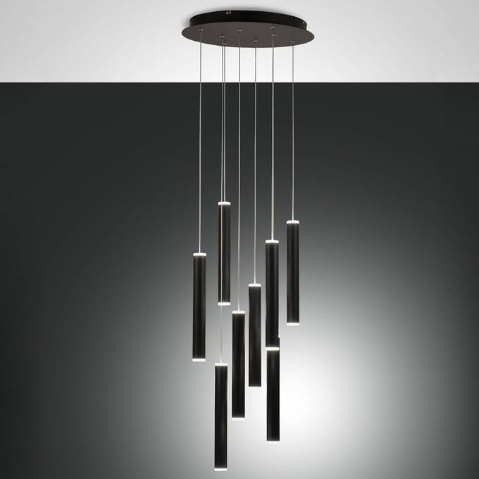 Fabas Luce Hanglamp Prado, zwart, 8-lamps, Ø 40 cm, dimbaar
