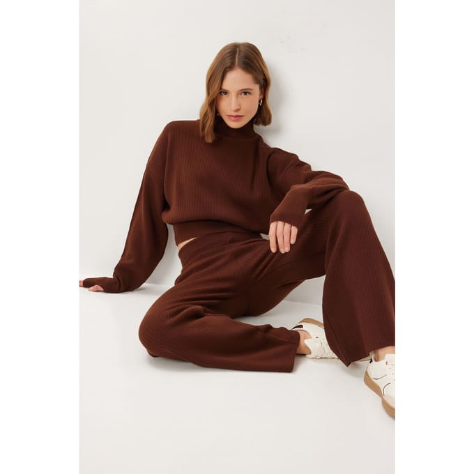 Geribbelde Tricot Twee Delige Set met Halve Col