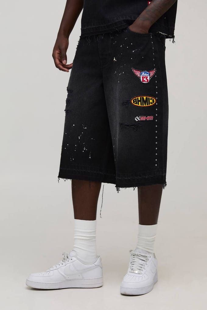 Gewassen Moto Badge Longline Jorts | Washed Black | Size 32