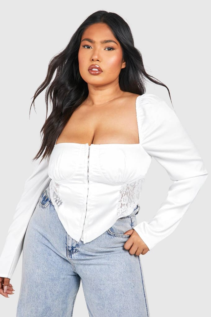 boohoo Dames Plus Corset Top met Kantinzet | Wit | Maat: 56