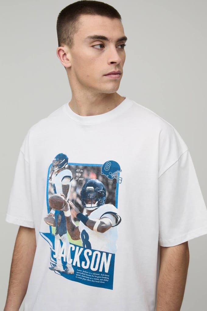 Oversized Nflpa Lamar Jackson Licentie Bedrukt T-shirt | White | Size Medium