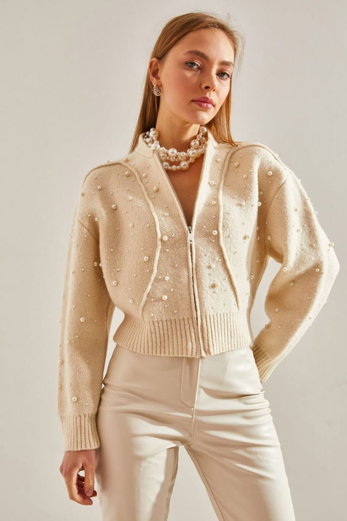 Parels Versierde Rits Crop Vest